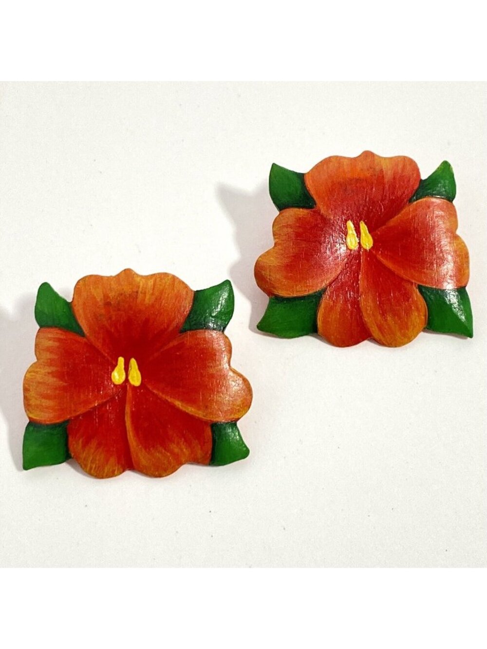 Tropical Hibiscus Hand Painted Wood Lightweight Pierced Earrings 1.4in